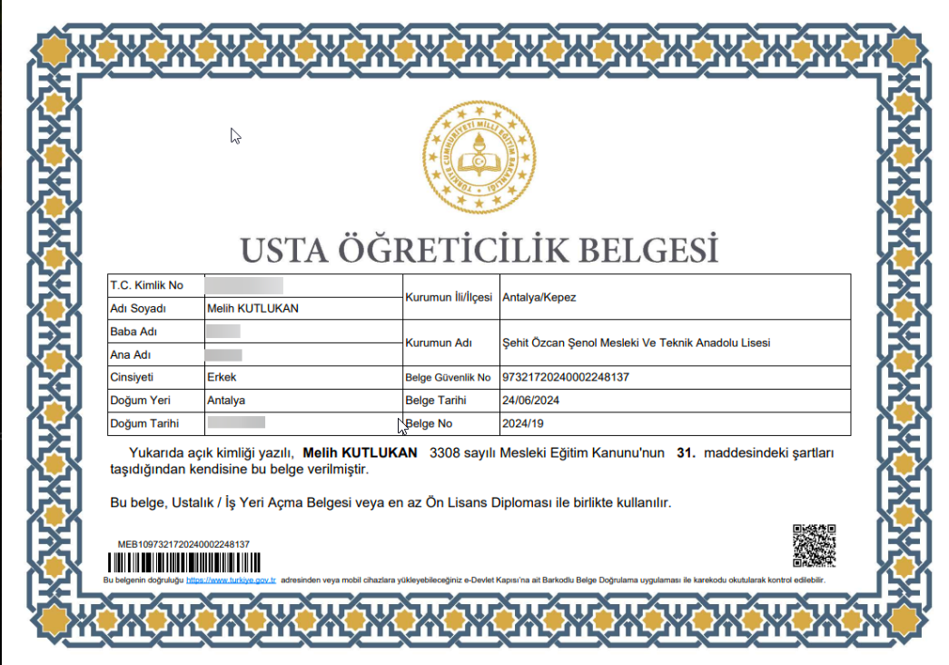 Usta Öğreticilik Belgesi
